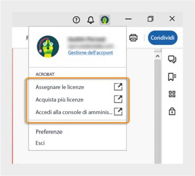 Vai ad Admin Console, assegna le licenze e altro ancora dal tuo profilo Acrobat