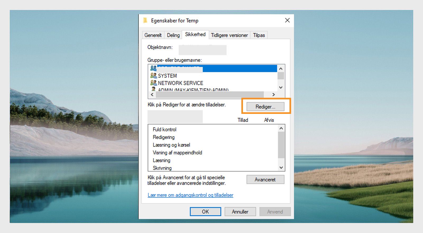 Vinduet med midlertidige egenskaber viser gruppe- og brugernavnet under fanen Sikkerhed med mulighed for at redigere tilladelserne.