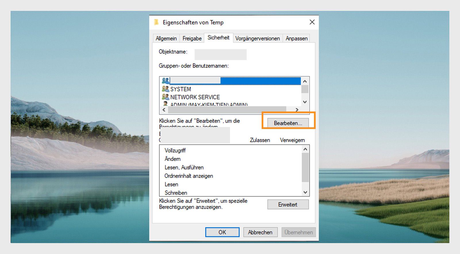 Im Fenster „Temporäre Eigenschaften“ werden der Gruppen- und Anwendername unter der Registerkarte „Sicherheit“ angezeigt, mit der Option, die Berechtigungen zu bearbeiten.