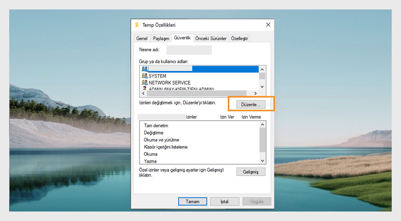 Geçici özellikler penceresi, güvenlik sekmesi altında grup ve kullanıcı adını gösterir ve izinleri düzenleme seçeneği sunar.