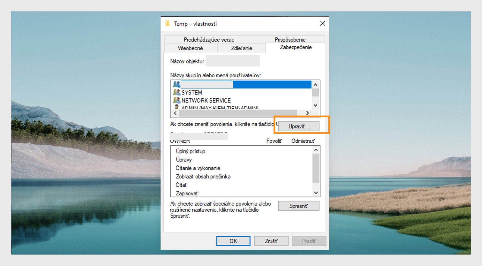V okne vlastností priečinka Temp sa na karte zabezpečenia zobrazuje názov skupiny a používateľa s možnosťou úpravy povolení.