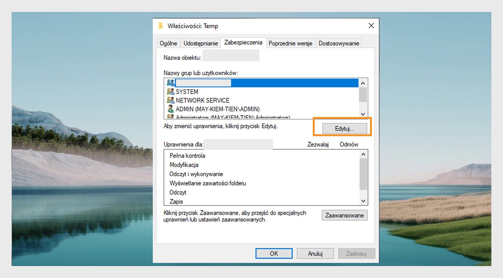 Okno właściwości folderu Temp wyświetla nazwę grupy i użytkownika na karcie zabezpieczeń, z opcją edycji uprawnień.