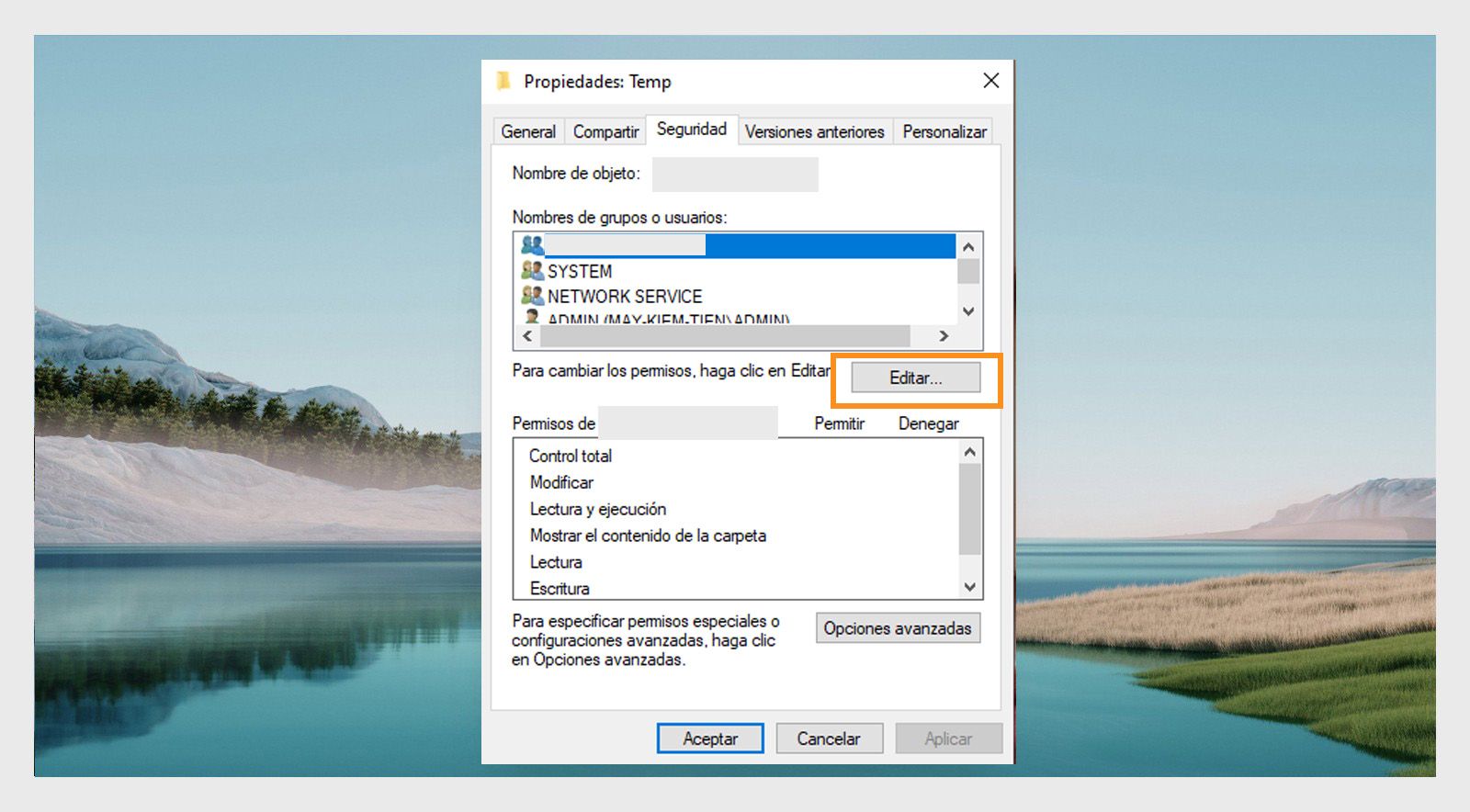 La ventana de propiedades de Temp muestra el grupo y el nombre de Usuario en la pestaña de seguridad, con la opción de editar los permisos.