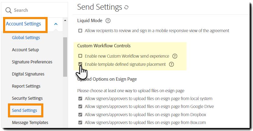 Indstil workflows til at bruge skabelondefineret signaturplacering