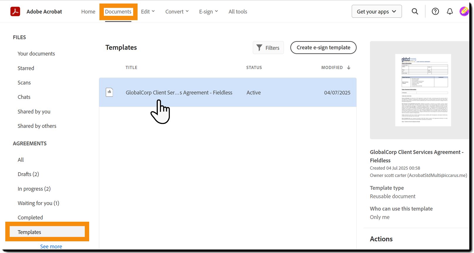 La pagina Documenti con il filtro Modelli selezionato