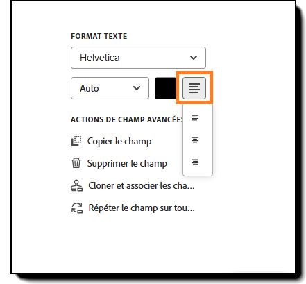 Section Format Texte des options de configuration des champs, avec les options de justification de police mises en surbrillance.