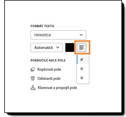 Část Formát textu možností konfigurace polí zvýrazňující možnosti zarovnání písma.