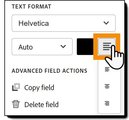 Sezione Formato testo delle opzioni di configurazione del campo con le opzioni di allineamento del font evidenziate.