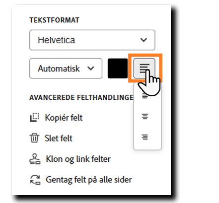 Afsnittet Tekstformat i indstillingerne for feltkonfiguration med indstillingerne for justering af skrifttype fremhævet.