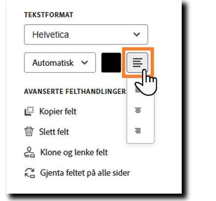 Tekstformat-delen i feltkonfigurasjonsalternativene med skriftjusteringsalternativene uthevet.