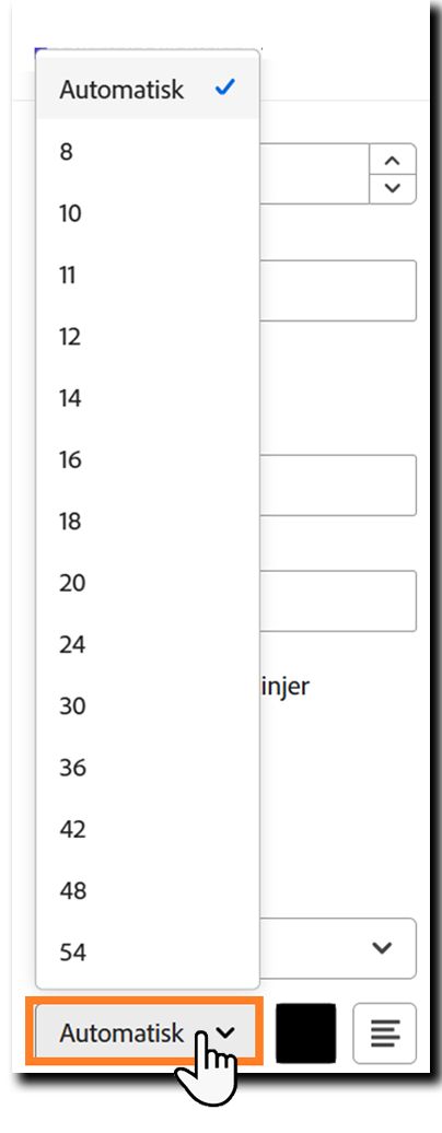 Sektionen Tekstformat i indstillingerne for feltkonfiguration, der fremhæver indstillingerne for skriftstørrelse.