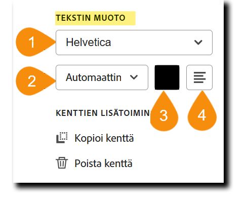 Kentän määritysvaihtoehtojen Tekstimuoto-osio, jossa on korostettuna neljä muokattavaa ominaisuutta.