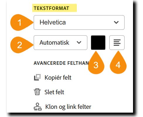 Sektionen Tekstformat i indstillingerne for feltkonfiguration, der fremhæver de fire redigerbare egenskaber.