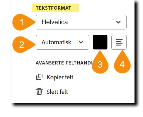 Tekstformat-delen i feltkonfigurasjonsalternativene med de fire redigerbare egenskapene uthevet.