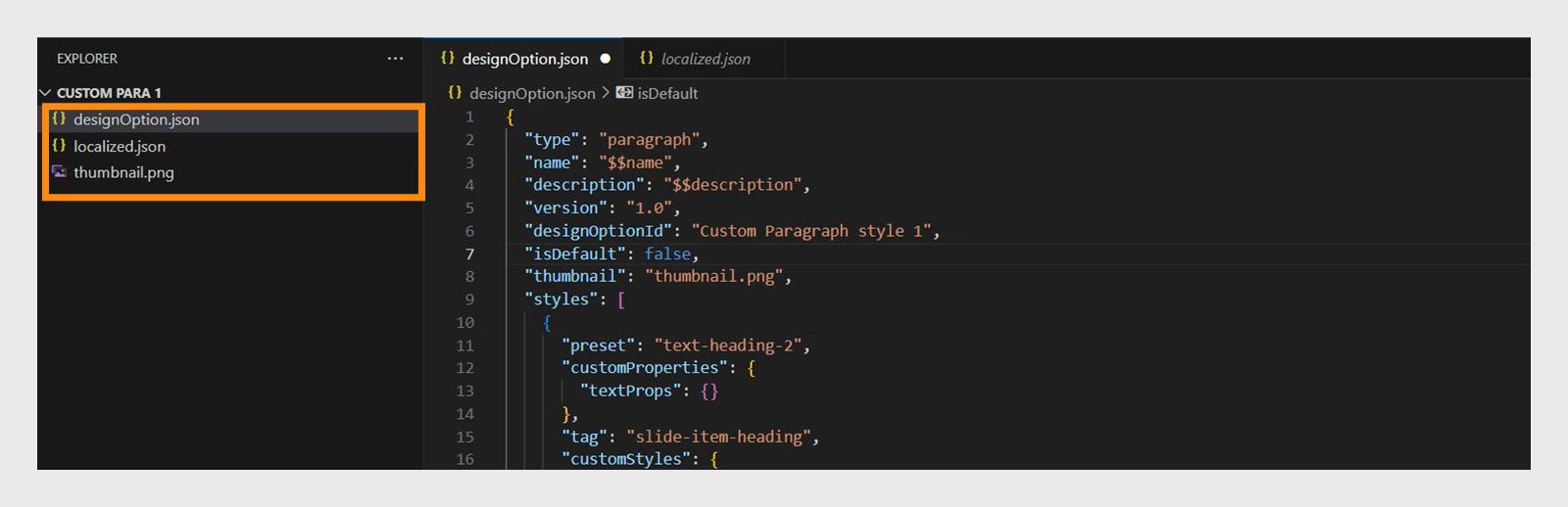 Este es un ejemplo de los archivos de opciones de diseño que se cargan en un editor de texto.