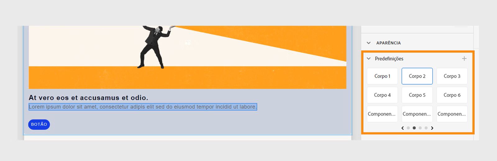 Predefinições de texto em Propriedades visuais