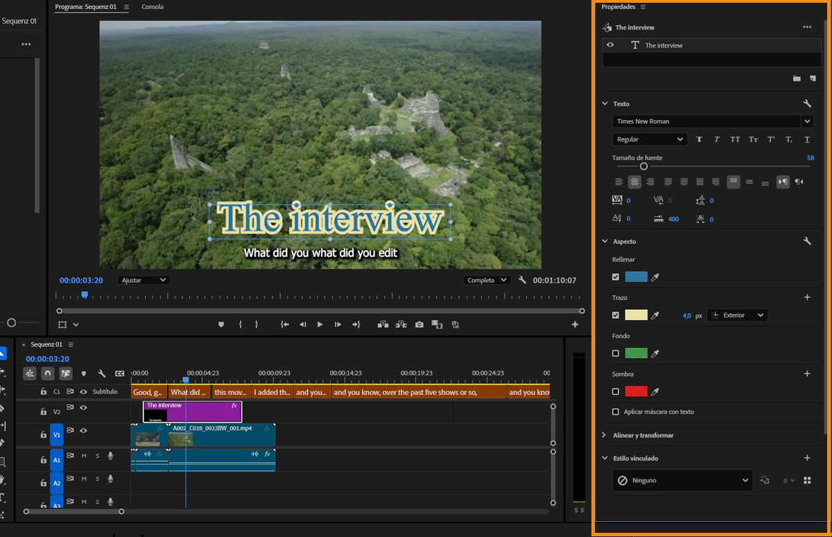 Edite la apariencia de su título basándose en las propiedades que aparecen en el panel Propiedades.