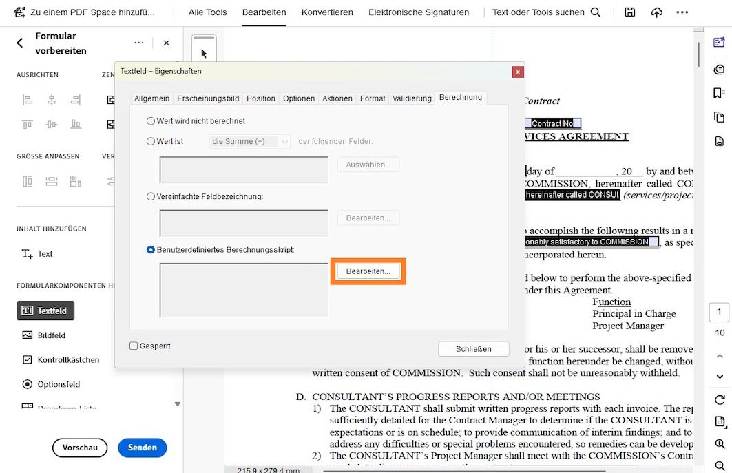 Geöffnetes Dialogfeld „Textfeldeigenschaften“ in Adobe Acrobat mit ausgewählter Option für benutzerdefiniertes Berechnungsskript und hervorgehobener Schaltfläche „Bearbeiten“.