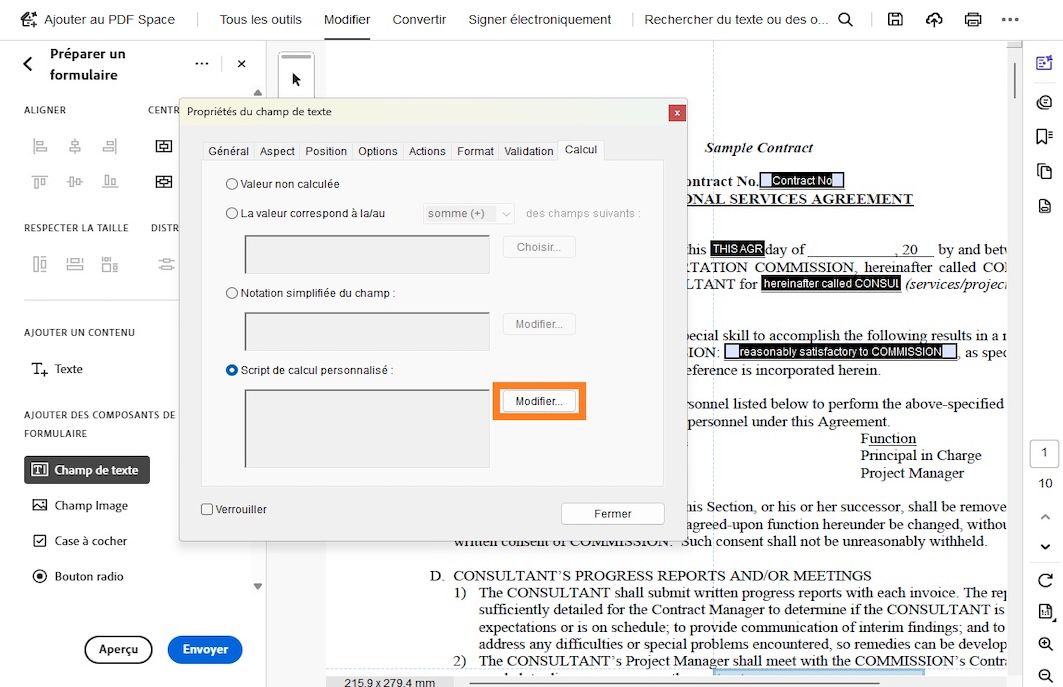 Boîte de dialogue Propriétés du champ de texte ouverte dans Adobe Acrobat avec l’option Script de calcul personnalisé sélectionnée et le bouton Modifier mis en surbrillance.
