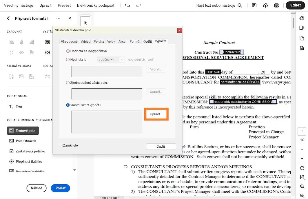 V aplikaci Adobe Acrobat je otevřené dialogové okno Vlastnosti textového pole s vybranou možností vlastního skriptu pro výpočet a zvýrazněným tlačítkem Upravit.