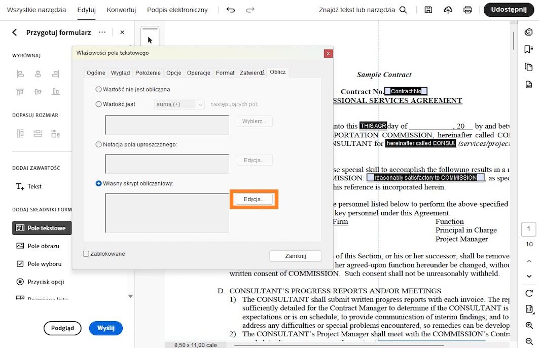 Okno dialogowe Właściwości pola tekstowego otwarte w programie Adobe Acrobat z zaznaczoną opcją niestandardowego skryptu obliczeniowego i podświetlonym przyciskiem Edycja.