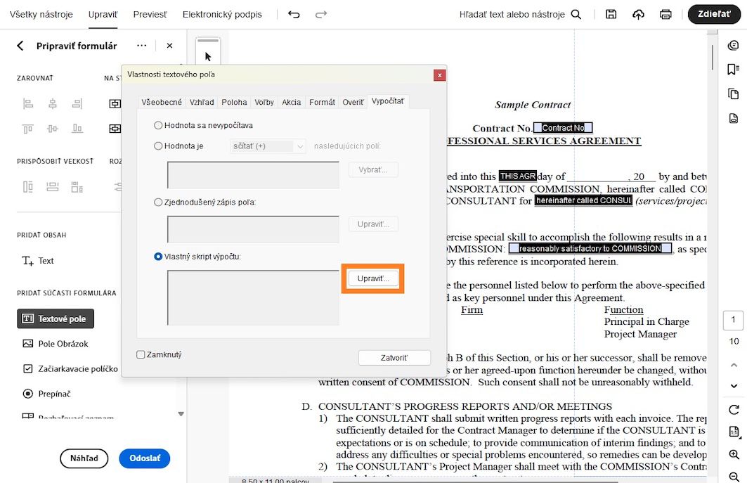 Dialógové okno Vlastnosti textového poľa otvorené v programe Adobe Acrobat s vybratou možnosťou vlastného skriptu výpočtu a zvýrazneným tlačidlom Upraviť.