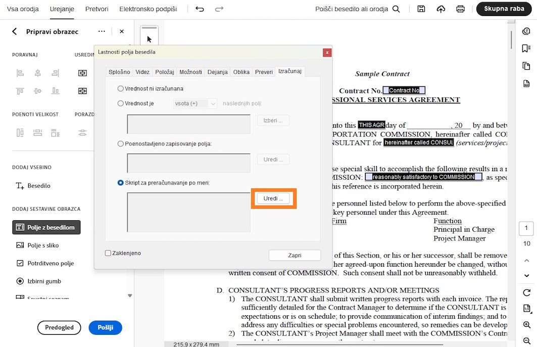 Pogovorno okno z lastnostmi besedilnega polja, odprto v programu Adobe Acrobat, z izbrano možnostjo skripta za preračunavanje po meri in označenim gumbom Uredi.