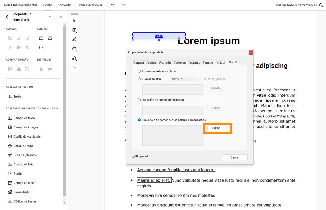 Cuadro de diálogo Propiedades del campo de texto abierto en Adobe acrobat con la opción de script de cálculo personalizado seleccionada y el botón Editar resaltado.