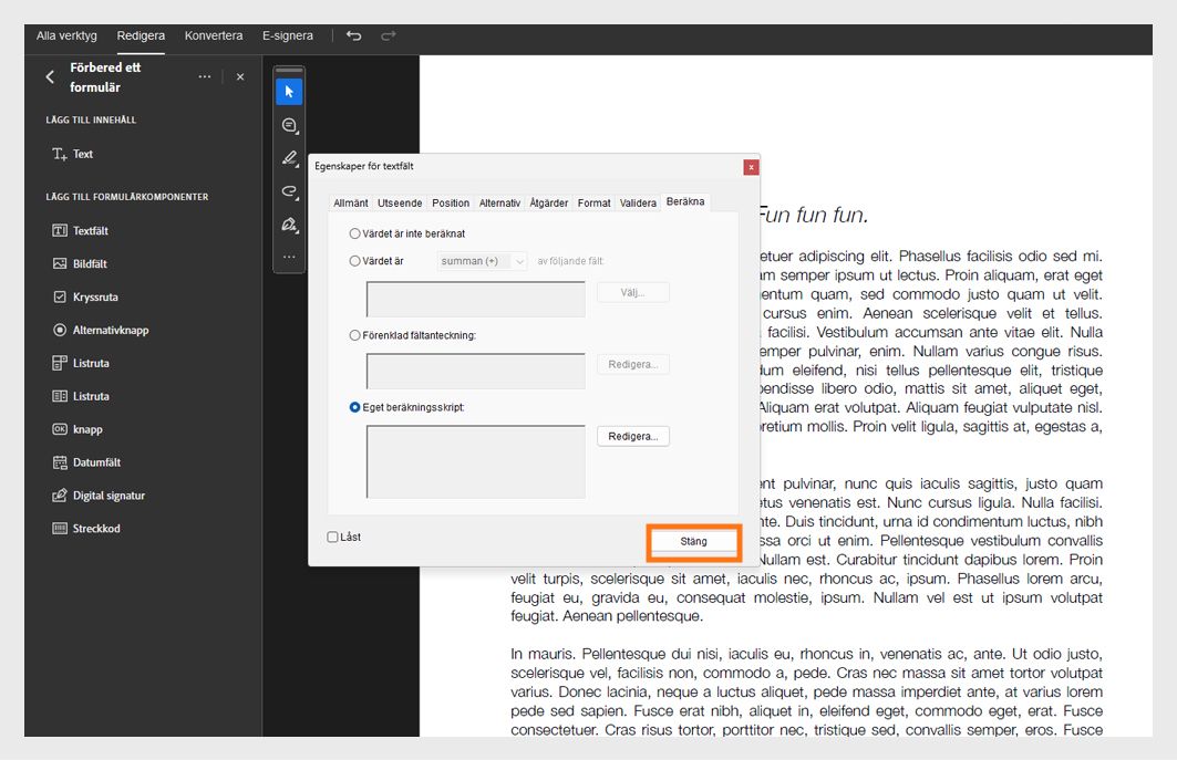 Dialogrutan Egenskaper för textfält öppen i Adobe acrobat med alternativet för anpassat beräkningsskript valt och knappen Redigera markerad.