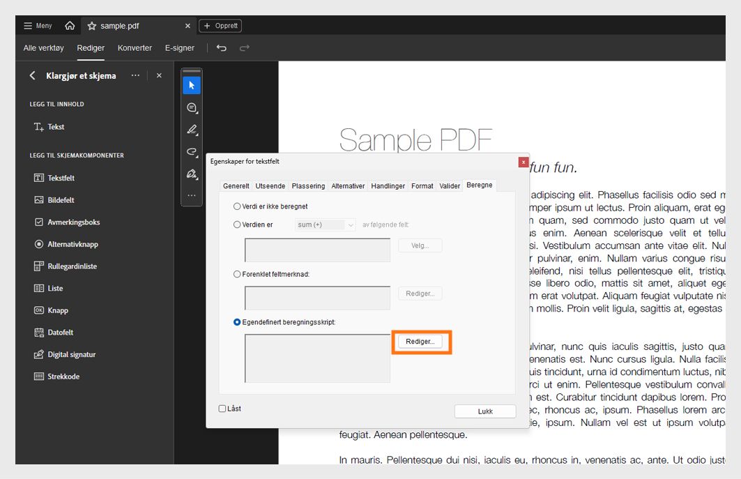 Dialogboksen Egenskaper for tekstfelt åpen i Adobe Acrobat med alternativet for egendefinert beregningsskript valgt og Rediger-knappen uthevet.