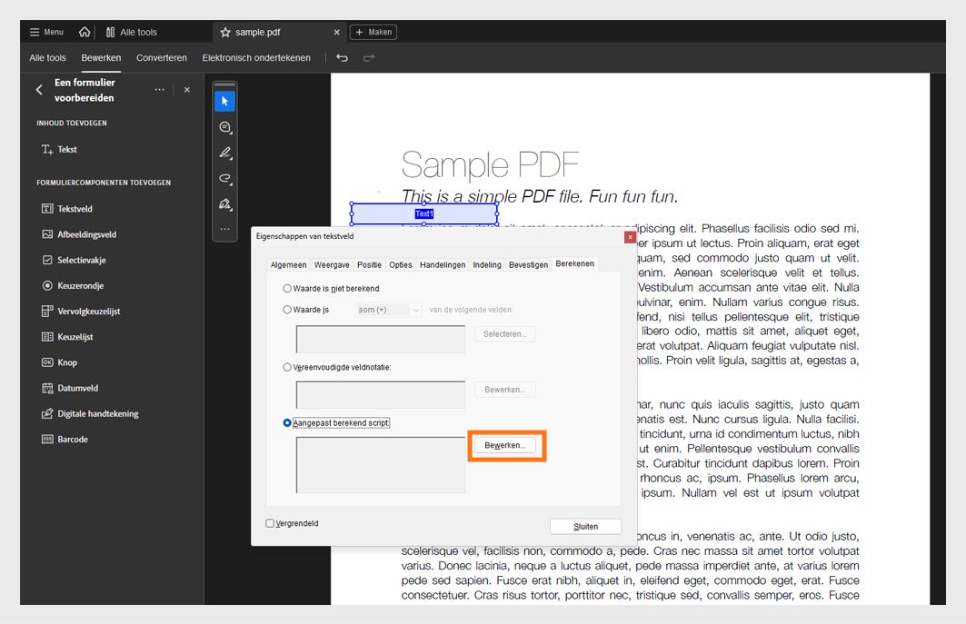 Dialoogvenster Eigenschappen tekstveld geopend in Adobe Acrobat met de optie voor aangepast berekeningsscript geselecteerd en de knop Bewerken gemarkeerd.