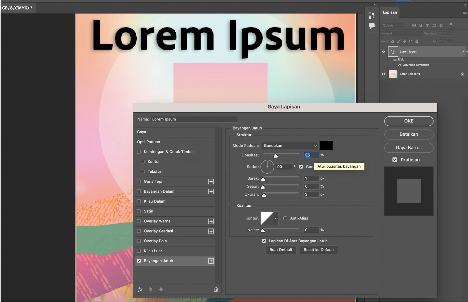 Teks dengan efek Bayangan Jatuh diterapkan.Panel Gaya Lapisan menampilkan pengaturan Bayangan Jatuh.