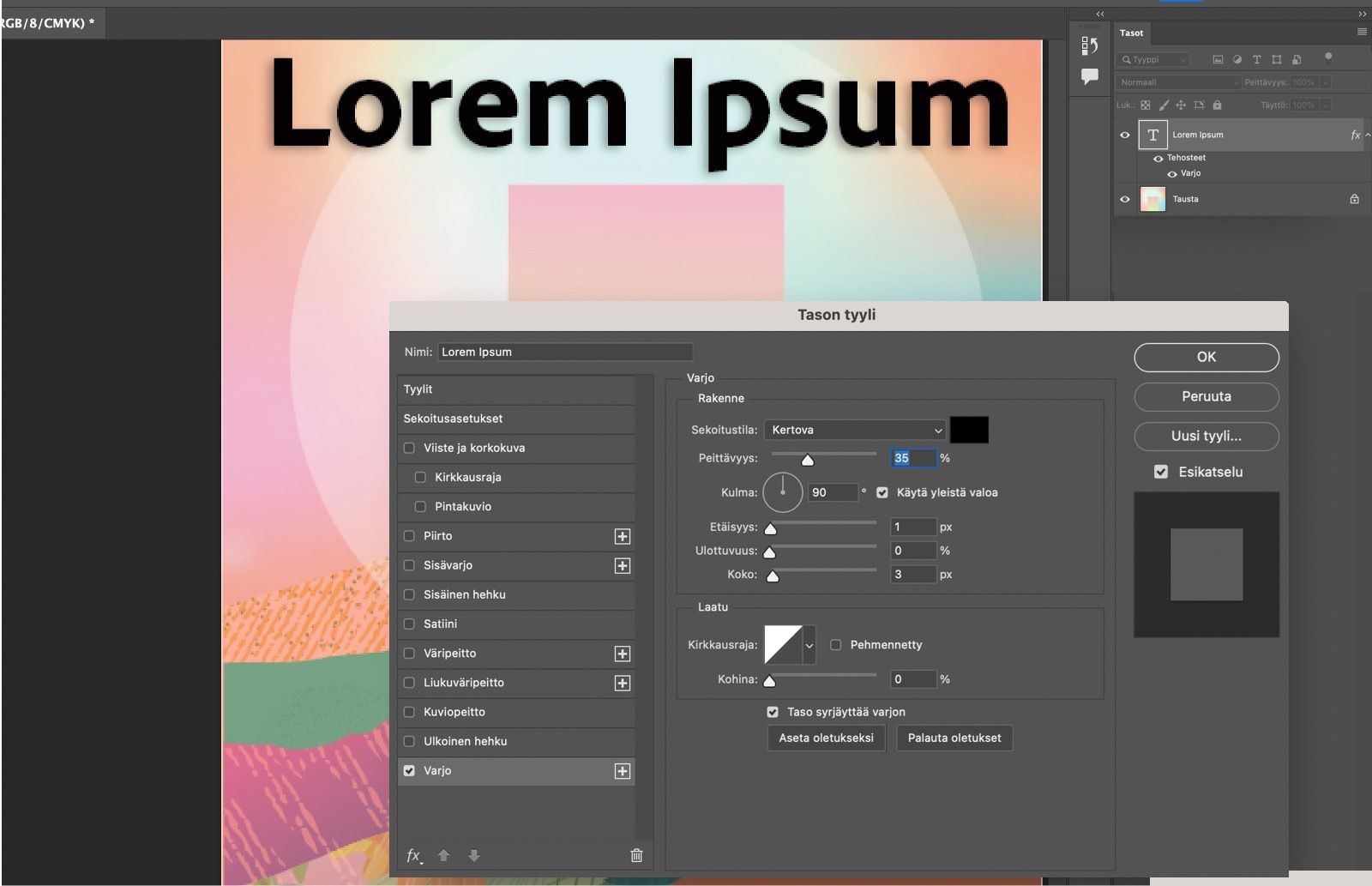 Teksti, johon on lisätty Heittovarjo-tehoste.Tason tyyli -paneeli näyttää Heittovarjo-asetukset.