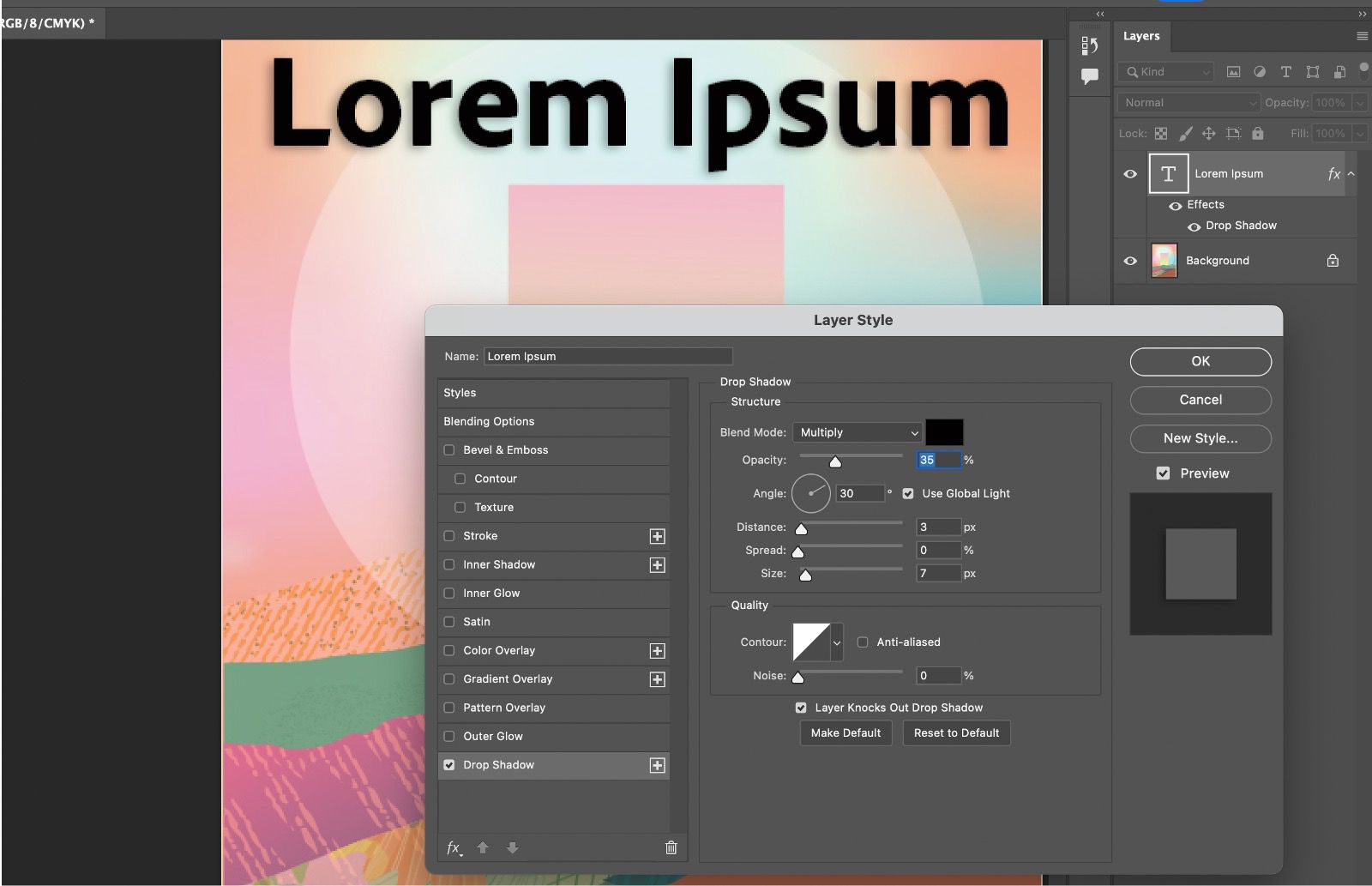 نص بتأثير الظل المسقط مطبَّق عليه. لوحة Layer Style تعرض إعدادات Drop Shadow.