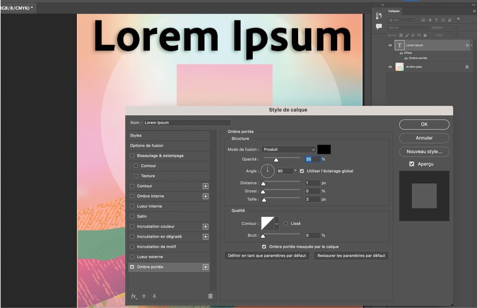 Texte avec l’effet Ombre portée. Le panneau Style de calque affiche les paramètres d’Ombre portée.