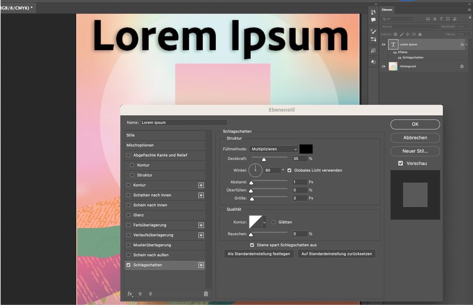 Text mit Effekt „Schlagschatten angewendet. Das Ebenenstil-Bedienfeld zeigt die Schlagschatten-Einstellungen an.