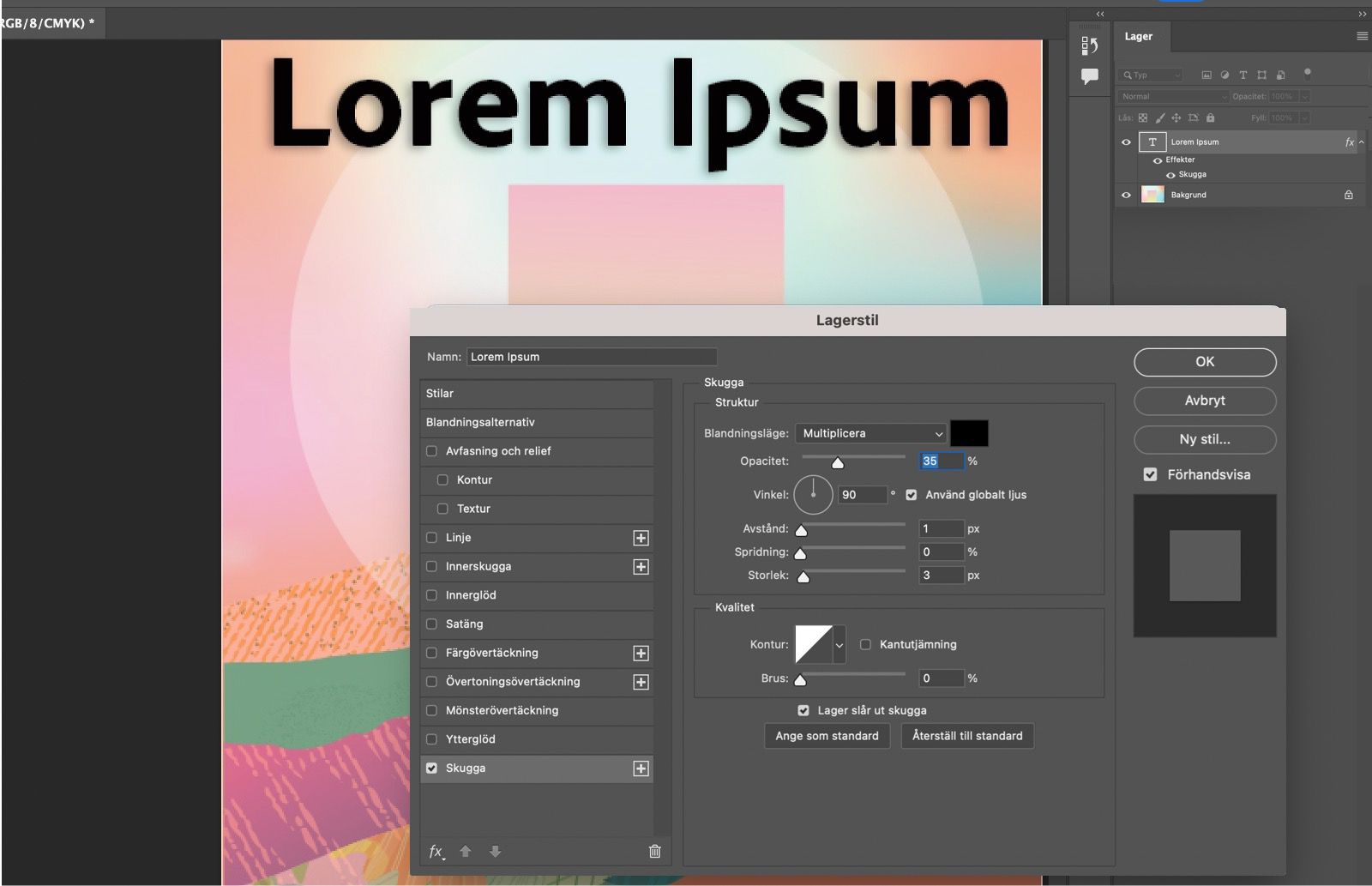 Text med Skugga-effekt applicerad.Layer Style-panelen visar Skugga-inställningar.