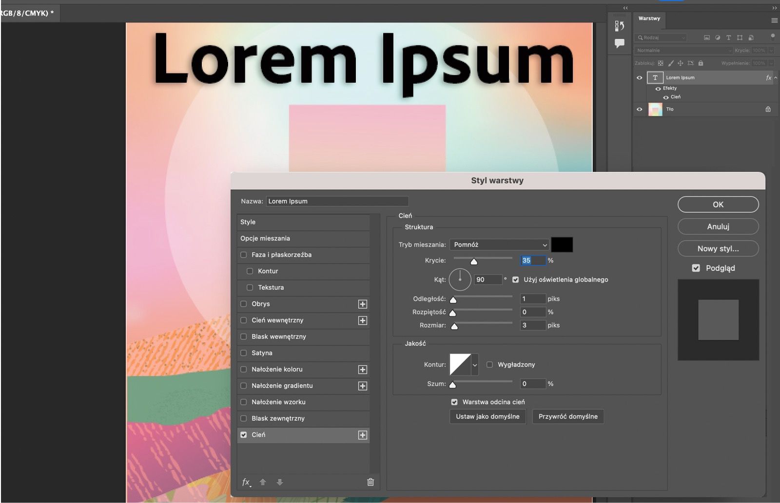 Tekst z zastosowanym efektem Cień.Panel Styl warstwy wyświetla Ustawienia Cień.