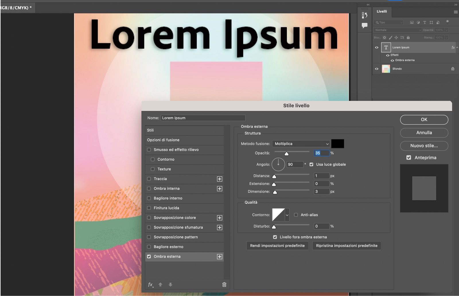Testo con effetto Ombra esterna applicato.Il pannello Stile livello mostra le impostazioni dell'Ombra esterna.