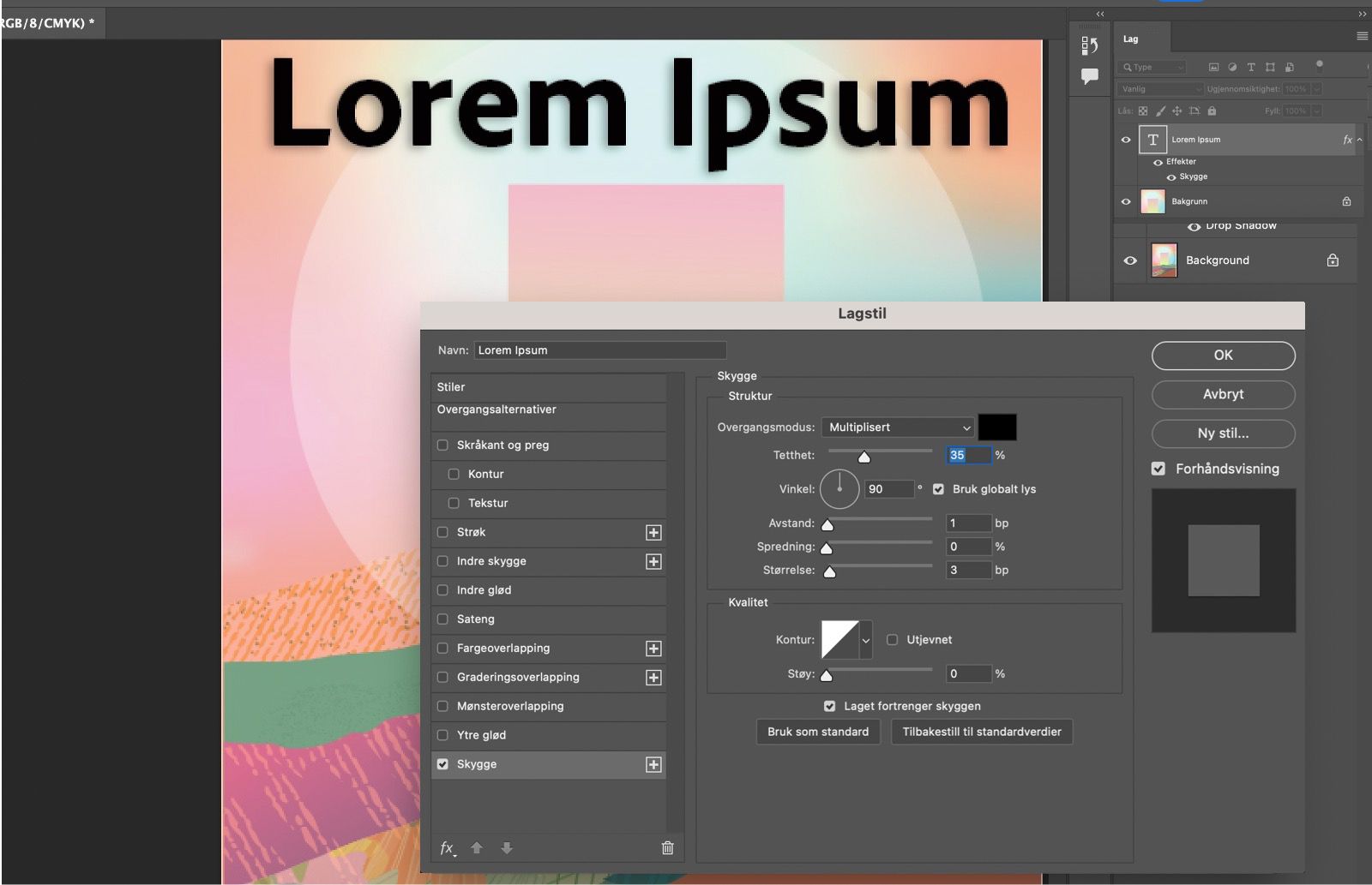 Tekst med Skygge-effekt påført.Lagstil-panelet viser Skygge-innstillinger.