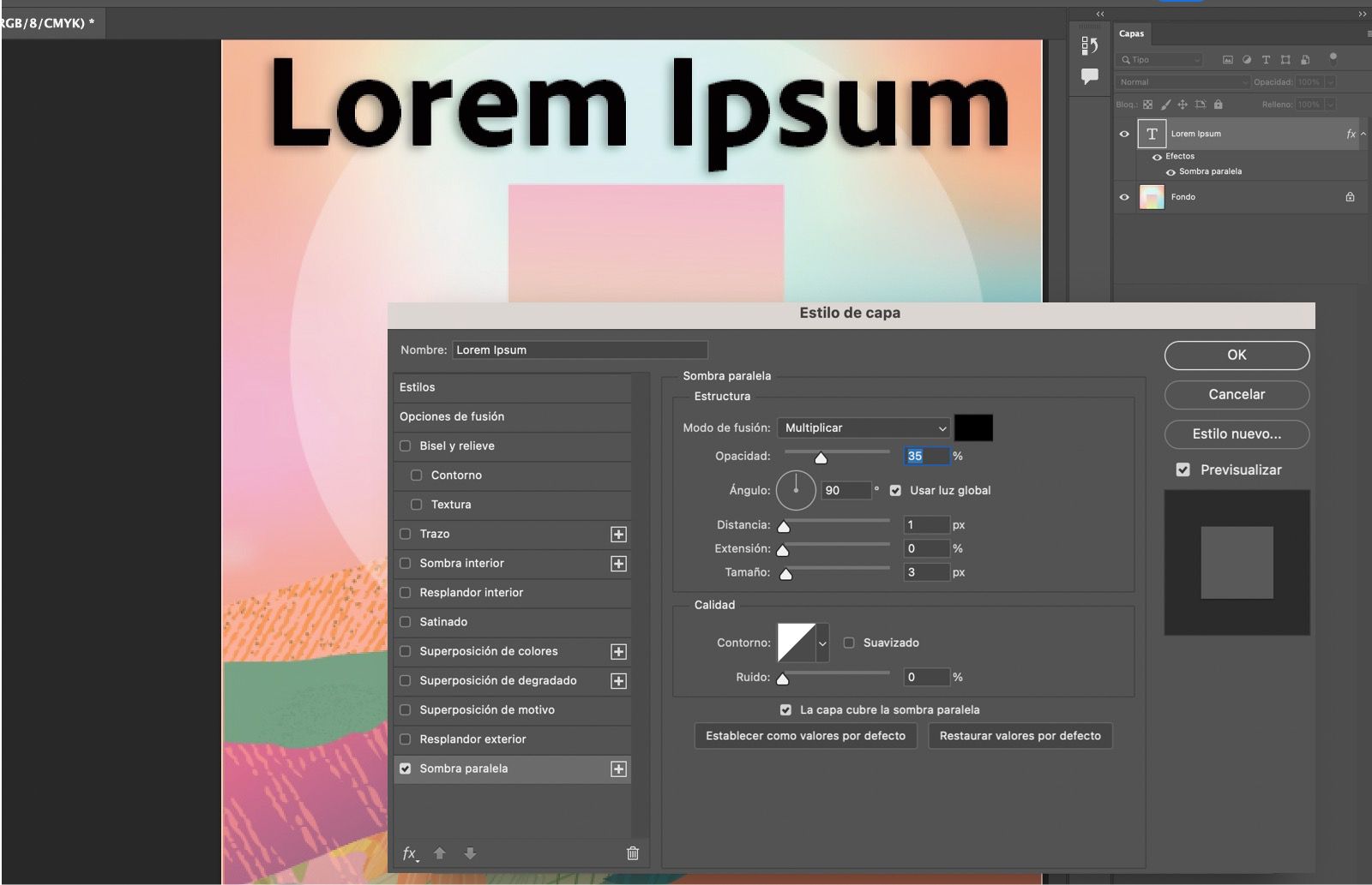 Texto con efecto de Sombra paralela aplicado.El panel Estilo de capa muestra la Configuración de Sombra paralela.