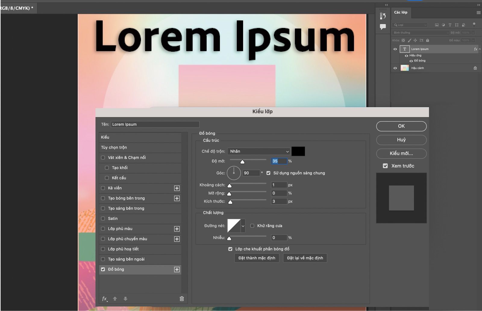 Văn bản với hiệu ứng Bóng đổ đã được áp dụng. Bảng Kiểu lớp hiển thị cài đặt Bóng đổ.