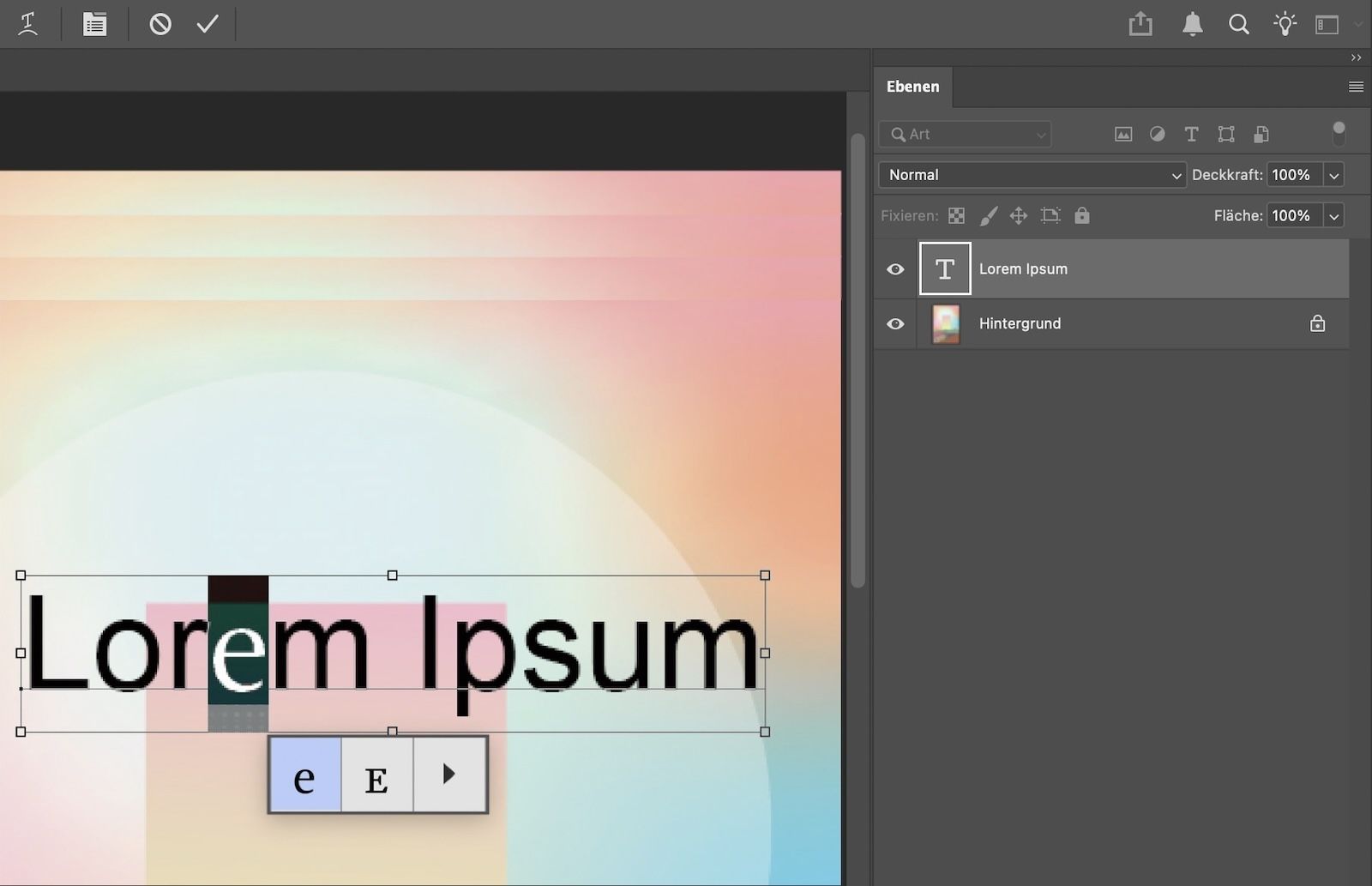 Text mit ausgewähltem Zeichen zeigt Raster mit alternativen Glyphen. Bedienfeld „Ebenen&quot; zeigt Primär-Textebene an.