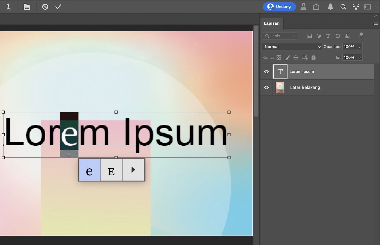 Teks dengan karakter yang dipilih menampilkan kisi glyph alternatif.Panel Lapisan menampilkan lapisan teks aktif.