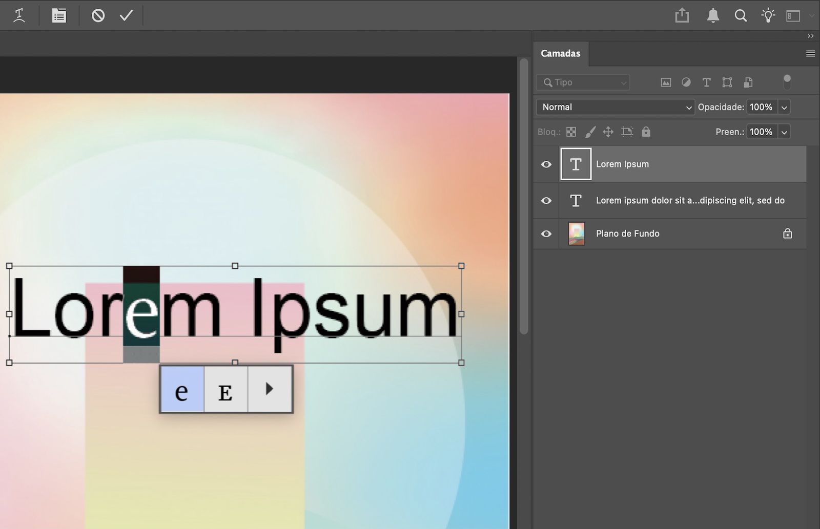 Texto com caractere selecionado exibindo a grade de glifos alternativos. O painel Camadas exibe a camada de texto ativa.