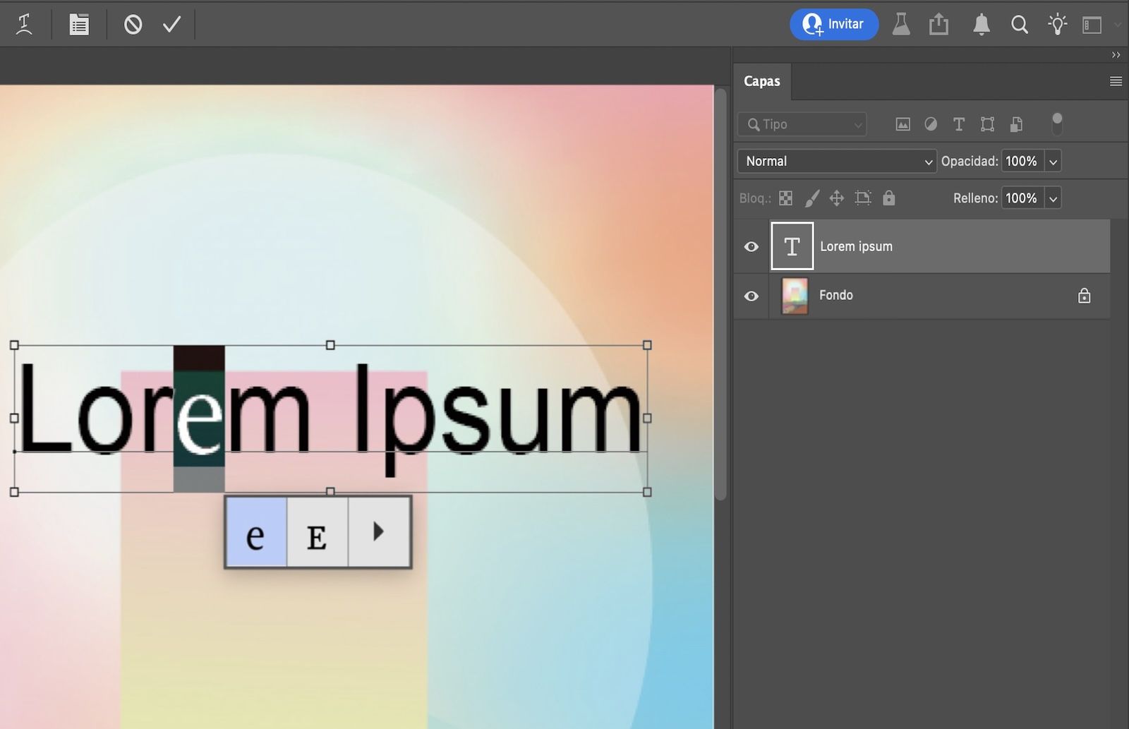 Texto con carácter seleccionado mostrando la cuadrícula de glifos alternativos.El panel Capas muestra la Capa de texto principal.