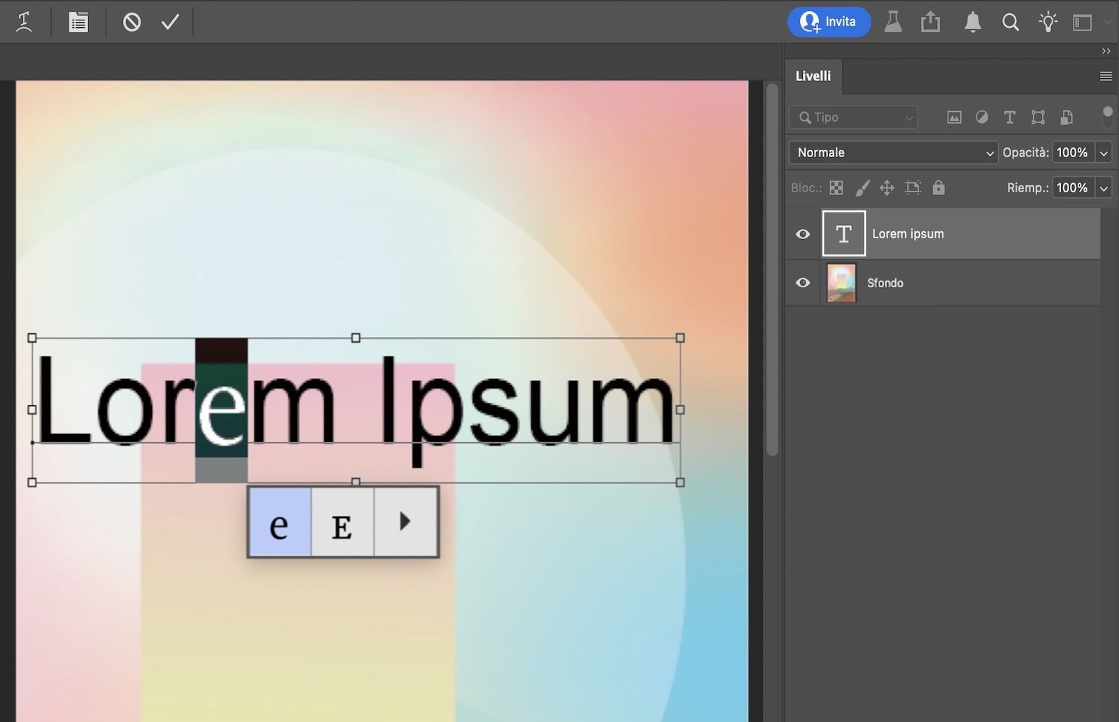 Testo con carattere selezionato che mostra la griglia dei glifi alternativi.Il pannello Livelli mostra il Livello di testo primario.