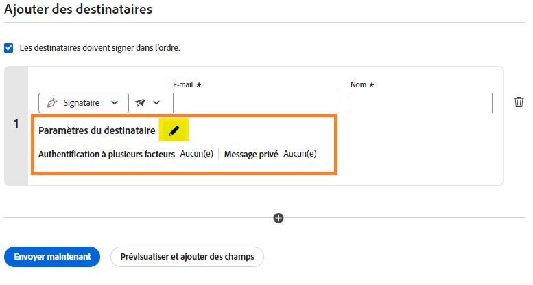 Section « Ajouter des destinataires » avec l’option « Paramètres du destinataire » en surbrillance