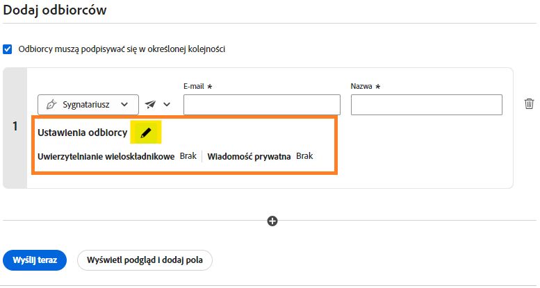 Sekcja „Dodaj odbiorców” z podświetloną opcją „Ustawienia odbiorcy”