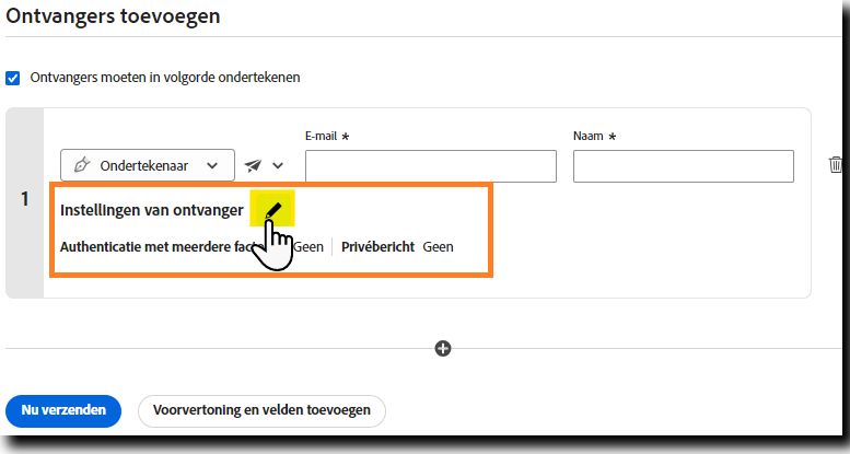 De sectie Ontvangers toevoegen met de optie Instellingen voor ontvangers gemarkeerd